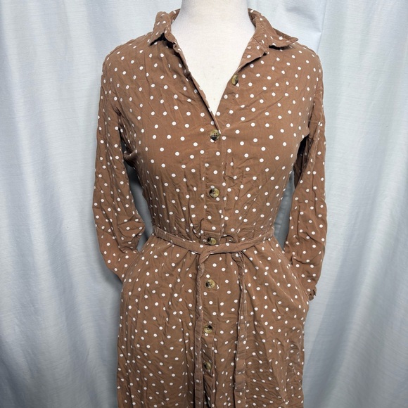 Brown Polka Dot Shirt Dress Midi Belted Long Sleeve Boho Neutral Medium button - Picture 3 of 8